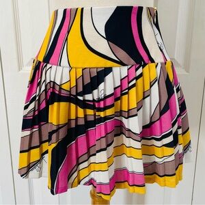 Pleated Wave-Print Skater Skirt - Pink, Yellow & Black